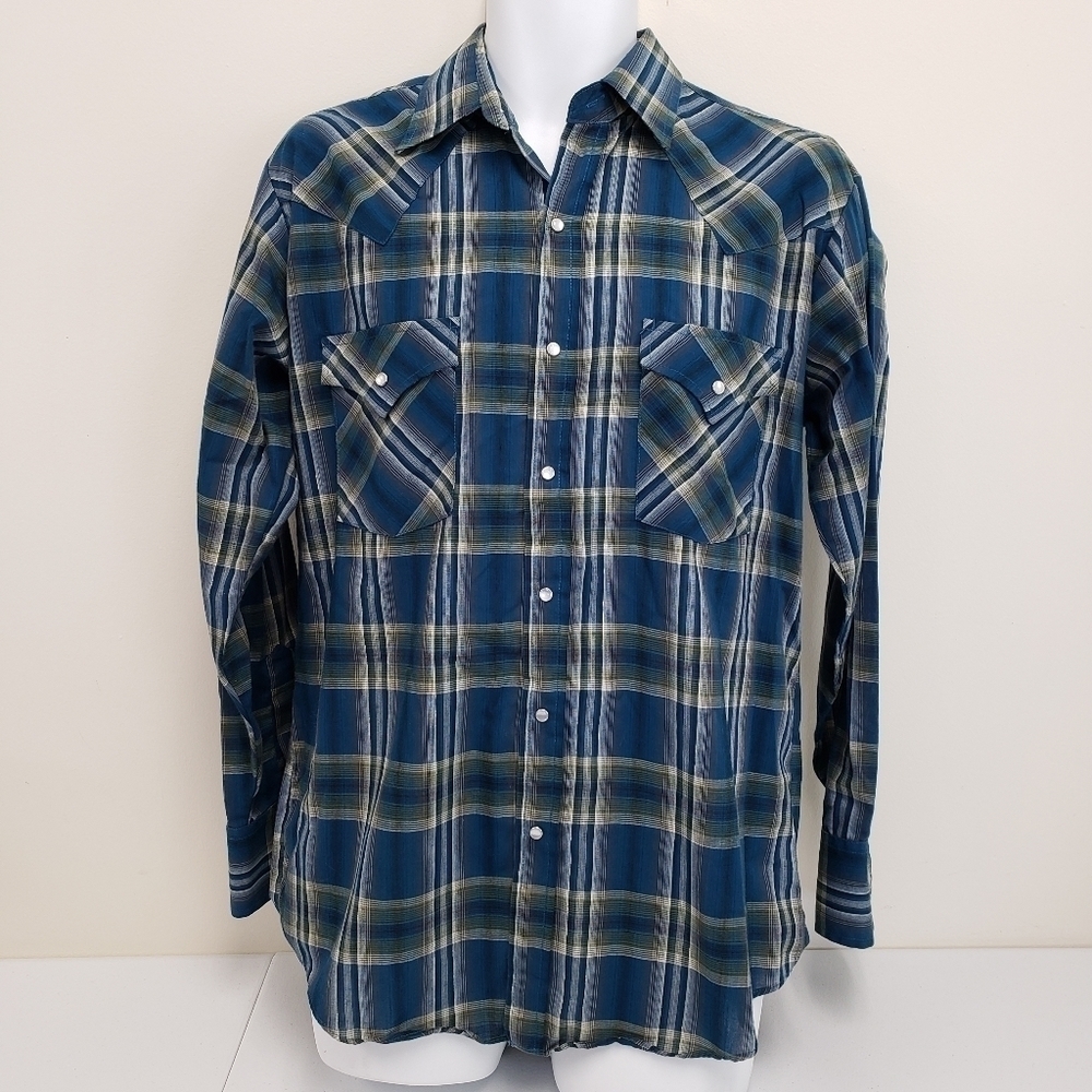 Plains Western Wear Mens Pearl Snap Button Down Long Sleeve Size Medium